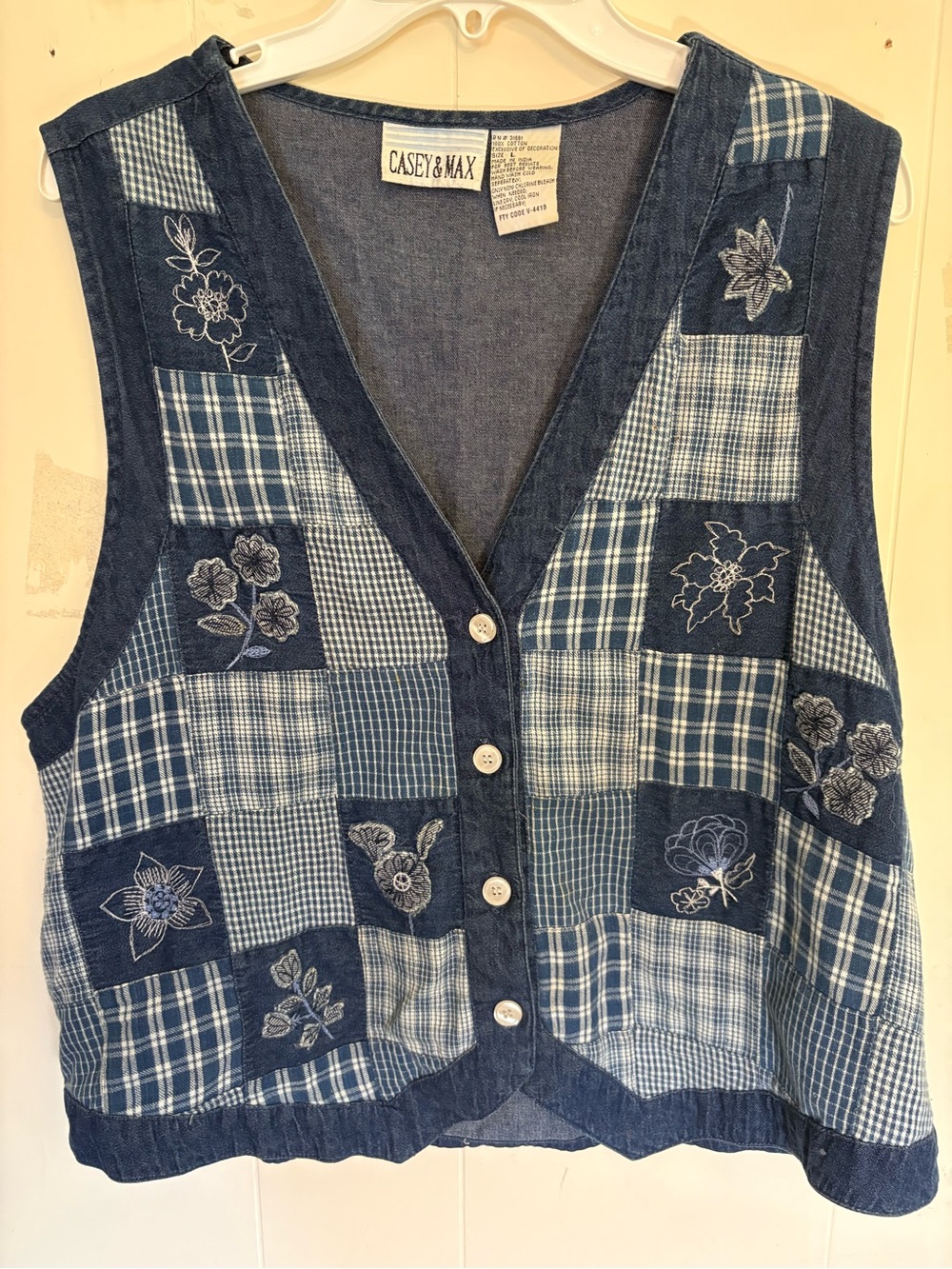 Casey & Max Vintage Patchwork Embroidered Denim Vest Size L Cottagecore Grandma
